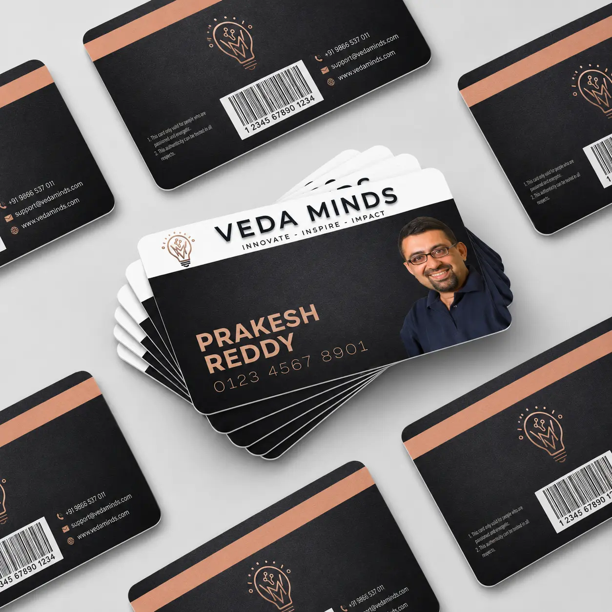 Veda Minds Benefits Cards arranged on a light surface